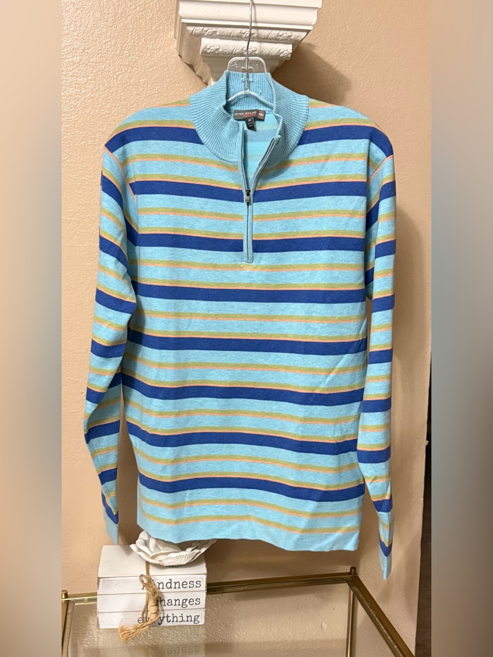 Peter Millar Light Blue, Navy & Tan Striped Zip Sweater